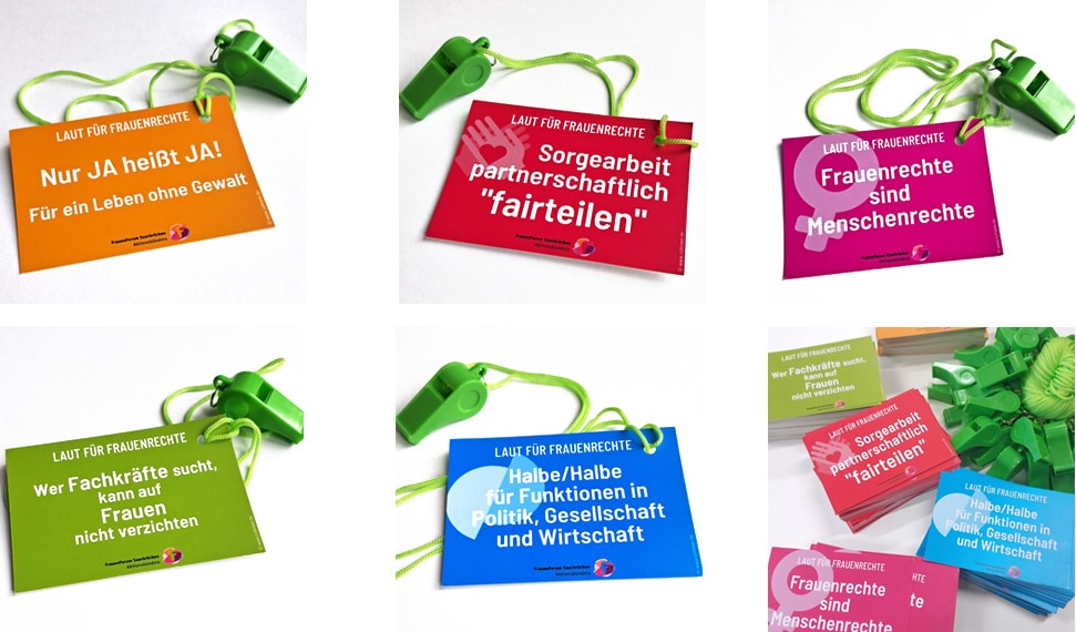 Aktionskarten für Frauenrechte mit Trillerpfeife