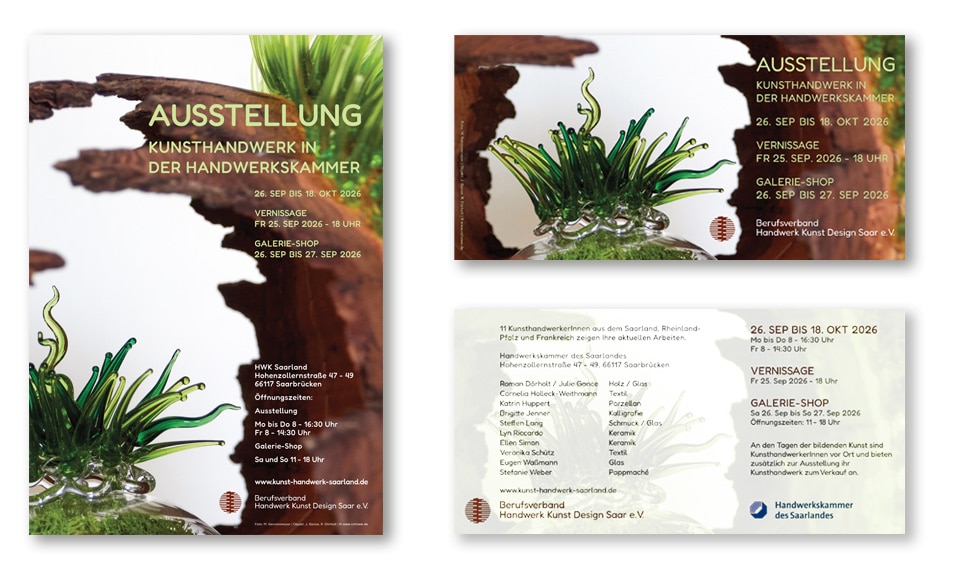 Flyer und Plakat für eine Ausstellung des Berufsverbands Handwerk Kunst Design Saar e.V.